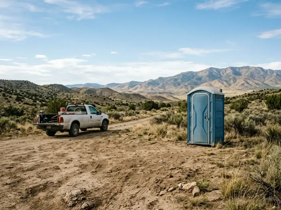 Portable Toilet — Remote Location — Portable Toilet, Pickup Truck, Dirt Road, Remote Location, Restroom Trailer Rental in Hi…