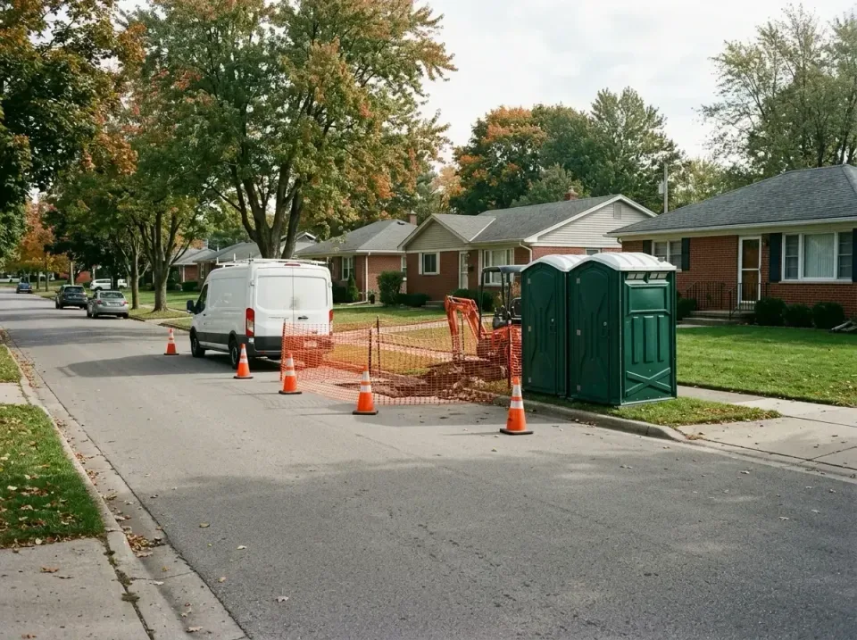Portable Toilet — Residential Street — Portable Toilet, Porta Potty, Work Van, Residential Street, Restroom Trailer Rental i…